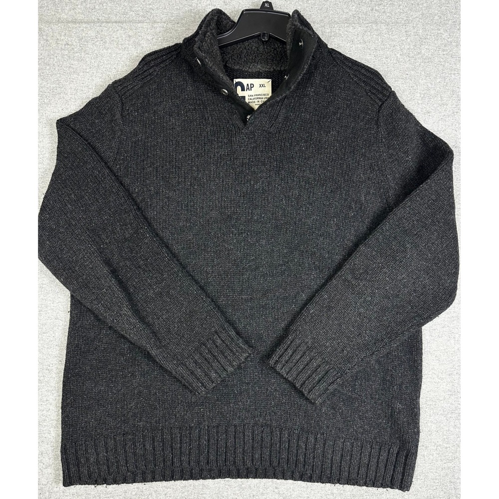 VTG Gap Sweater Mens XXL Gray Sherpa Lined Mock Neck Snap Button Knit